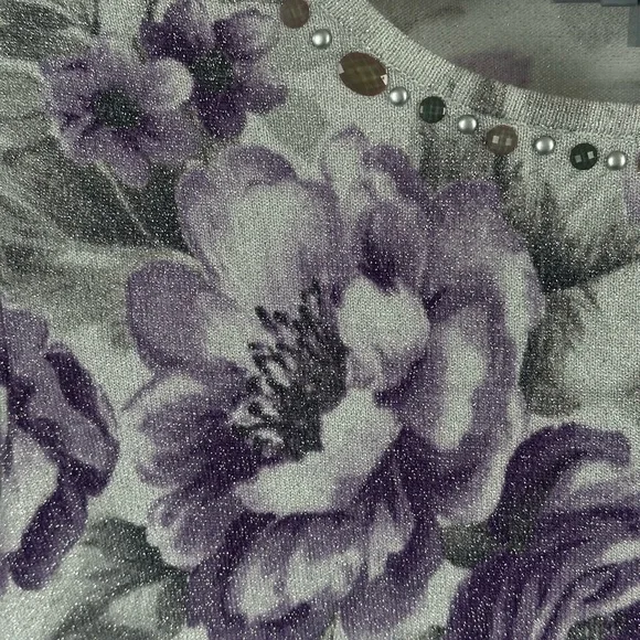 Women’s Floral Glitter Knit Top with Embellished Neckline - Purple/Gray - Picture 12 of 16